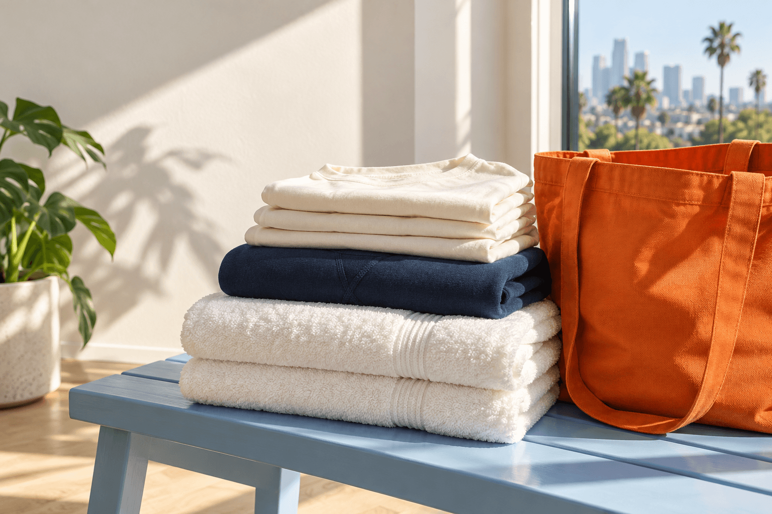 Freshly folded white and navy laundry beside an orange canvas bag in a sunlit apartment